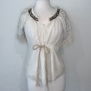 Anthropologie Saivana Cream Silk Short Sleeve Top
